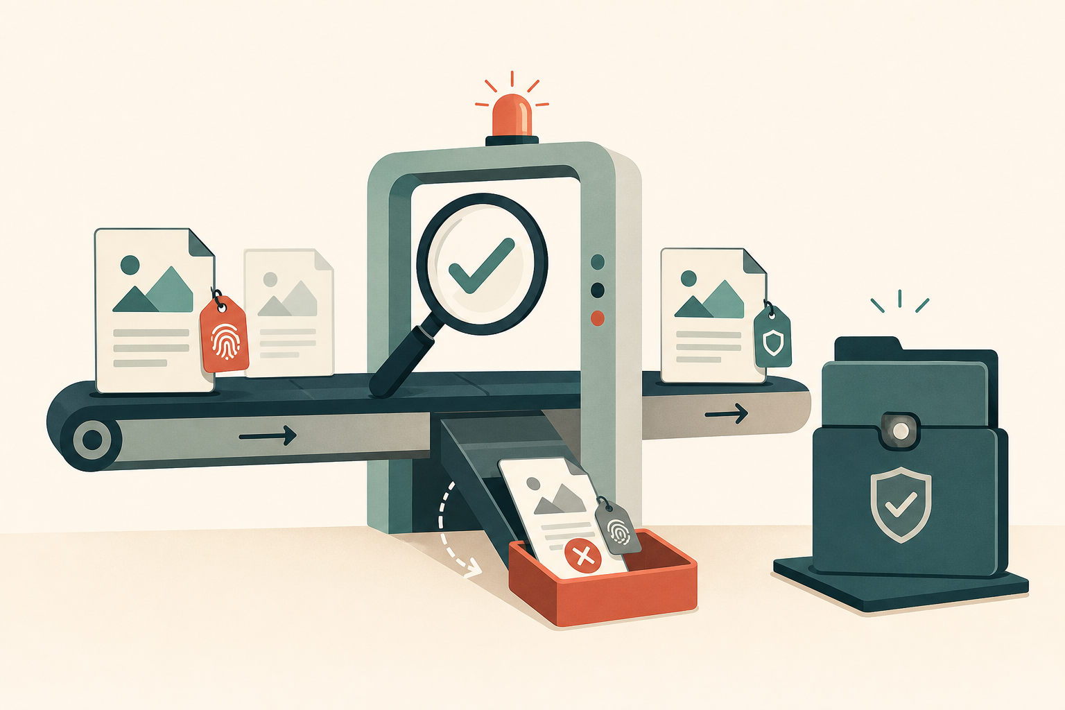 A captured document with a provenance tag passes through a verification gate before reaching the case folder, while a rejected one drops into a side tray.