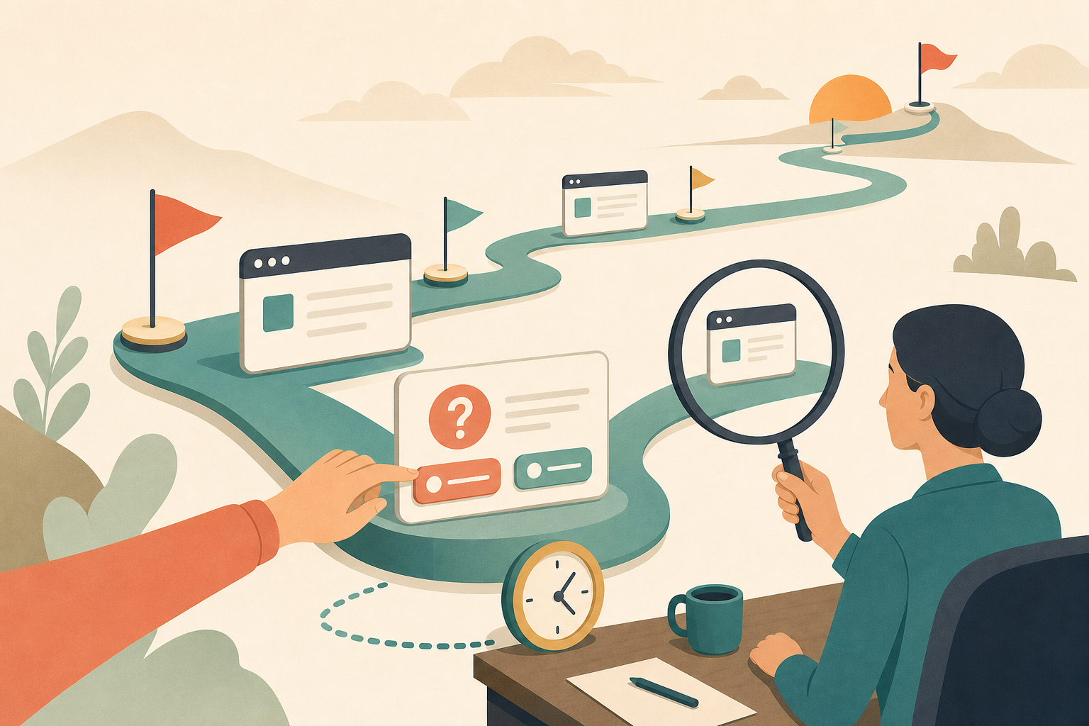 A flat editorial illustration of a browser window traveling a checkpointed path while an operator watches through a magnifying lens and a hand answers a paused question card.