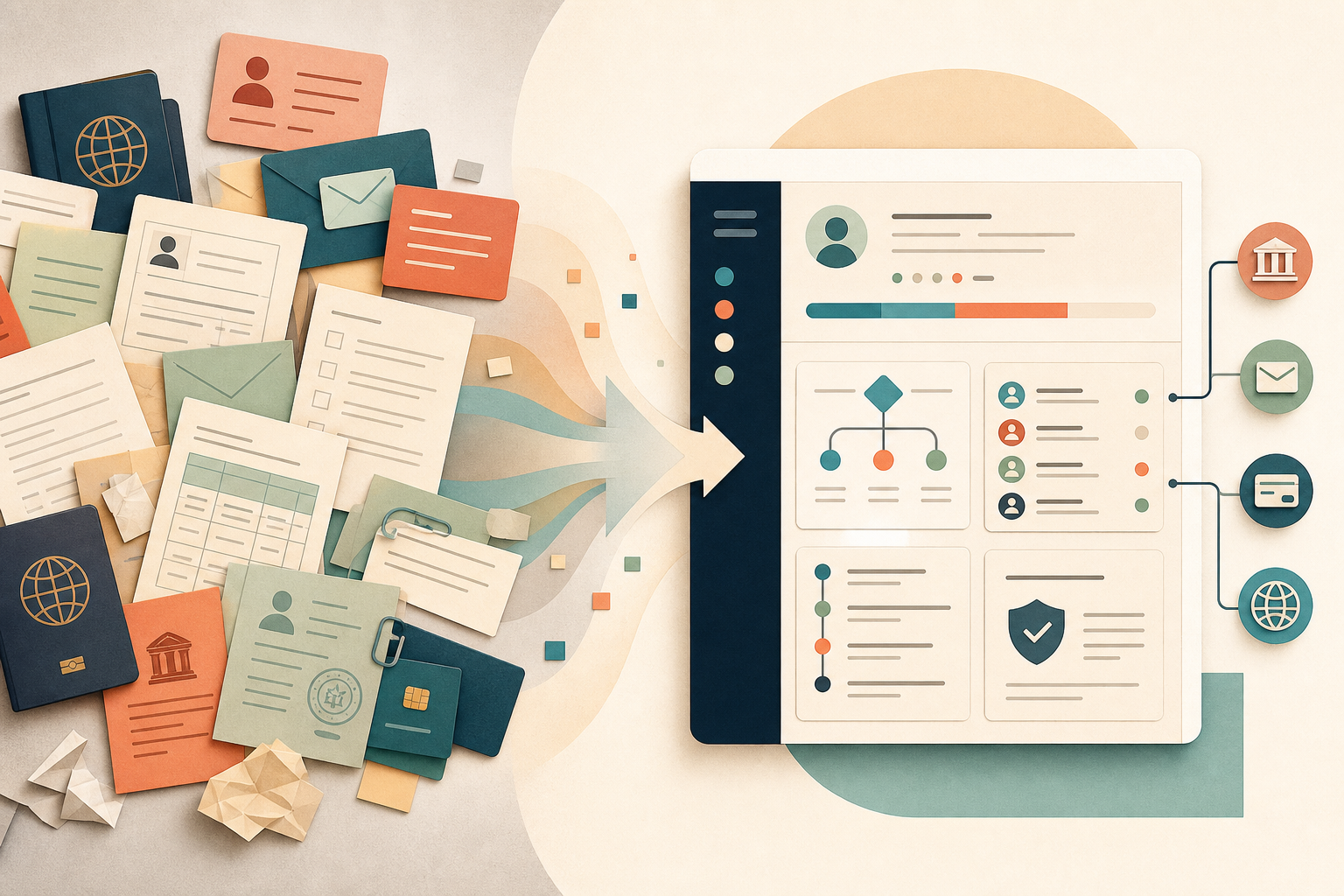 A flat editorial illustration of scattered visa documents, passports, and message cards resolving into one unified case workspace.