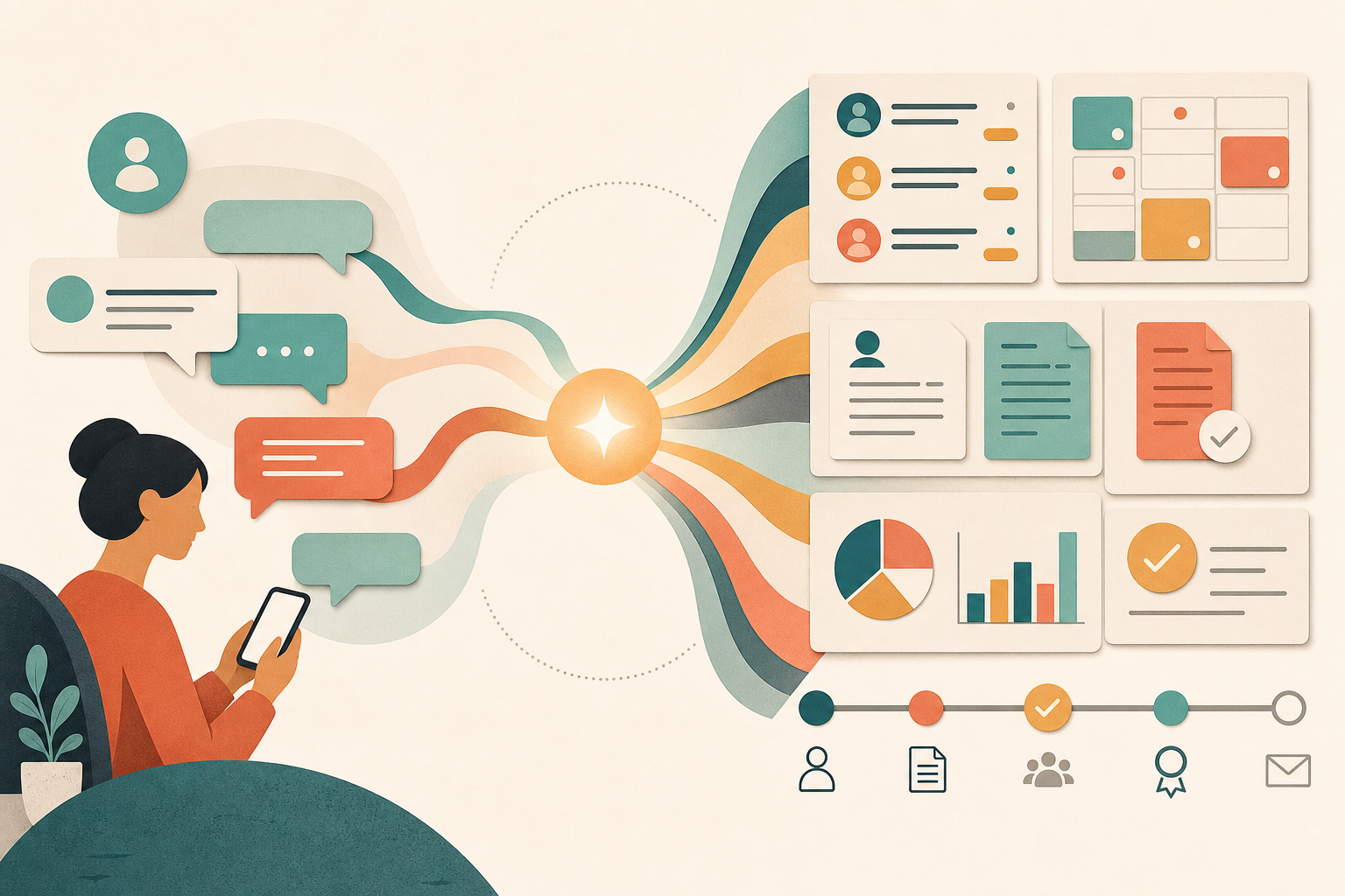A flat paper-cut illustration shows conversational paths and operator workflow cards flowing from the same central intelligence source.