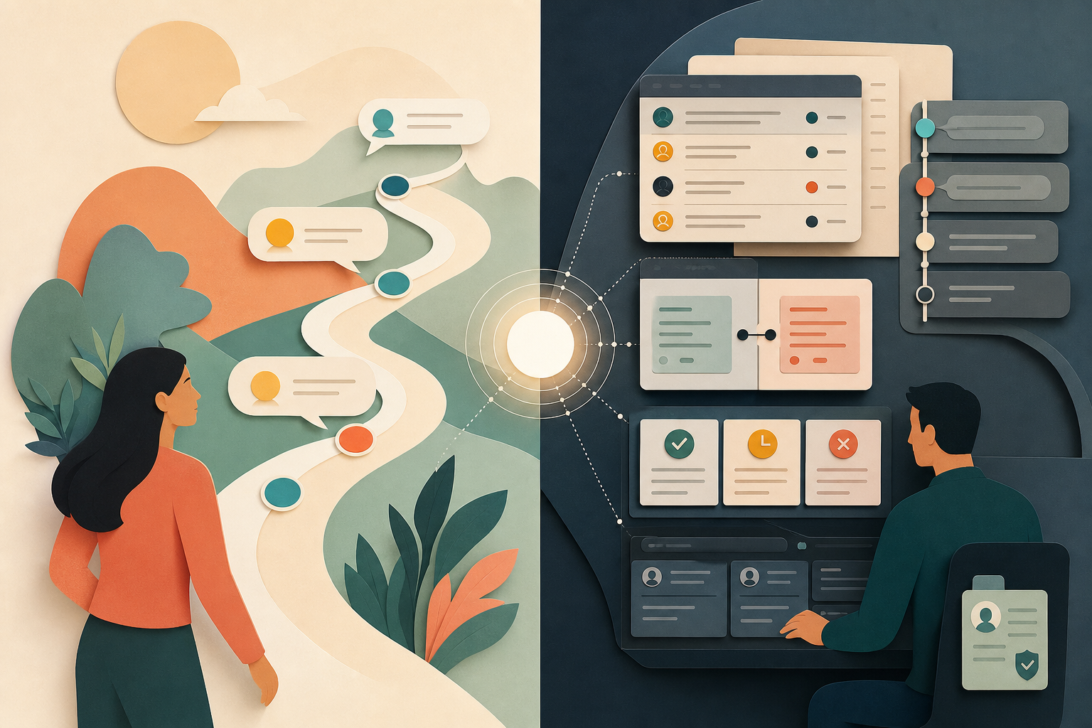 A flat editorial illustration contrasts an applicant's winding guided conversation path with an operator's structured workflow surface.