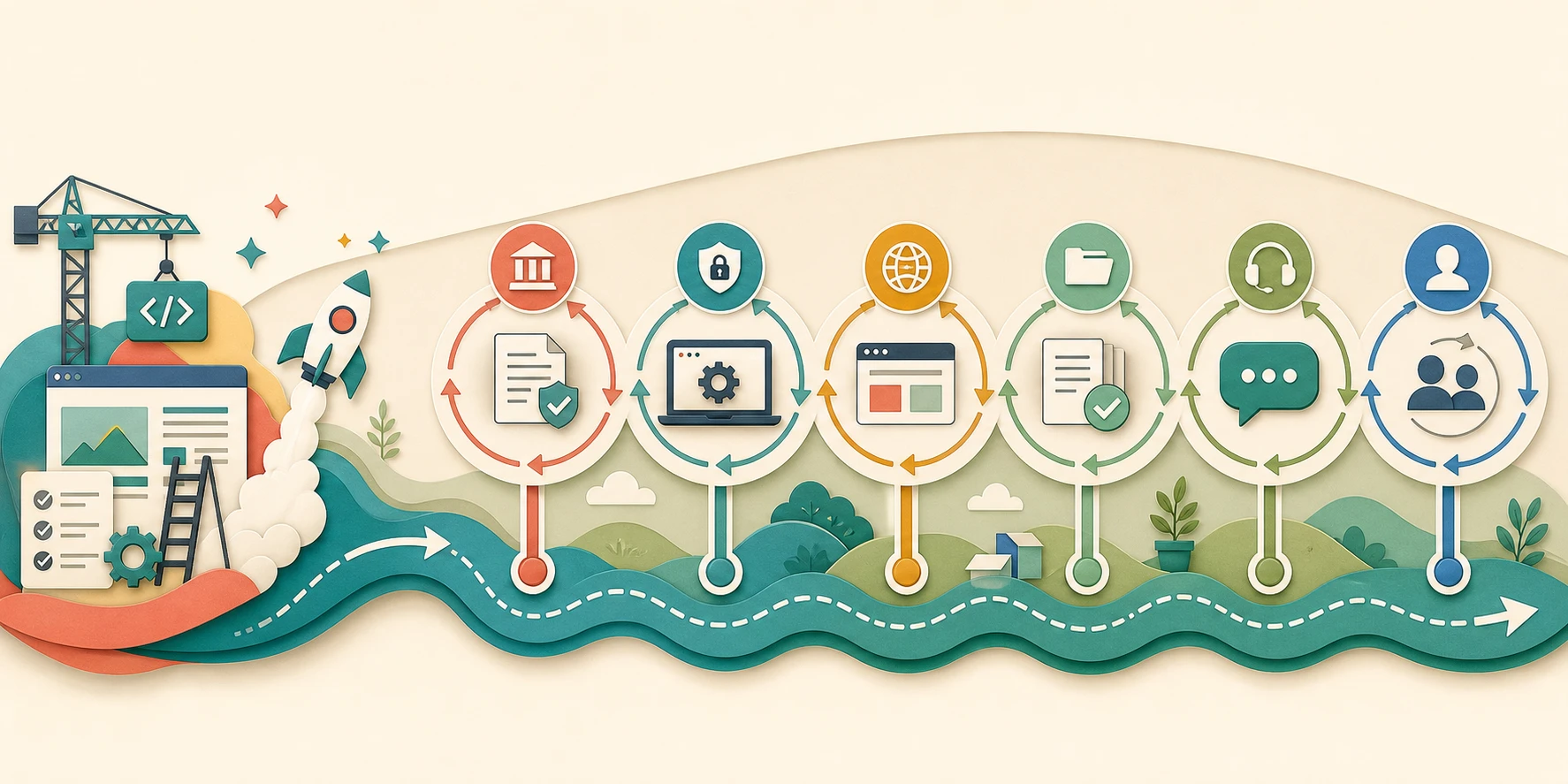 A short software launch phase leads into a much longer path of recurring regulatory, security, integration, document, support, and staffing work.