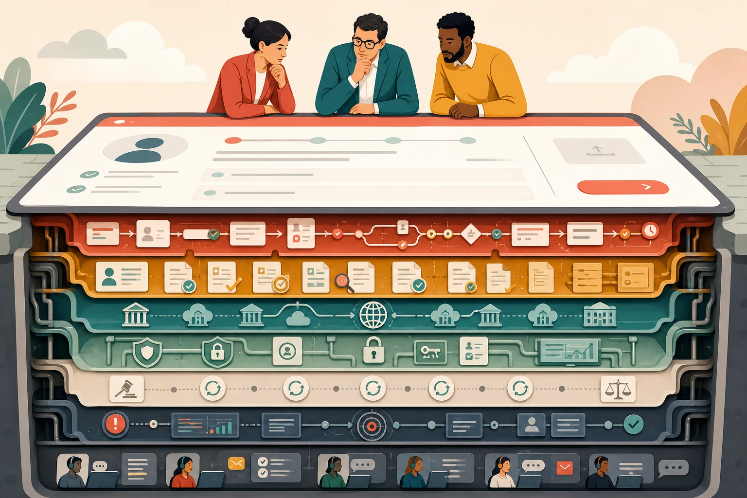 Visa operations leaders examine a simple applicant portal above layers of workflows, integrations, security controls, regulatory updates, and support work.