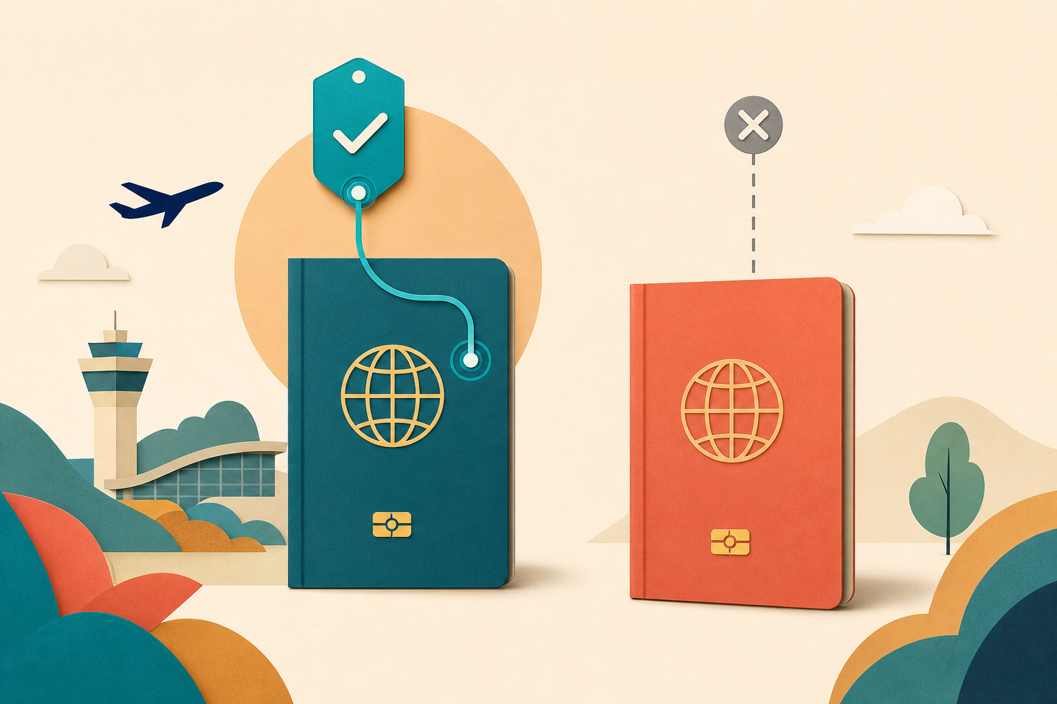 Two passport booklets sit side by side, with a digital authorization token attached to one and a disconnected marker above the other.
