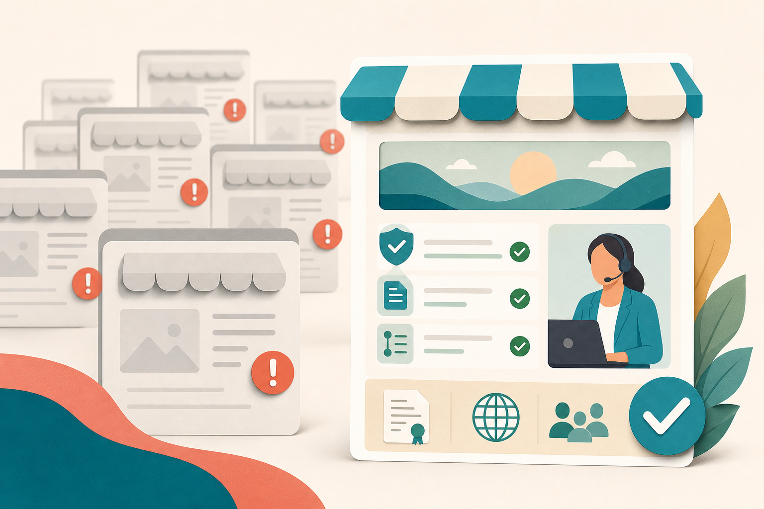 A trustworthy operator storefront with verification and document cues stands forward while gray look-alike storefront cards recede behind it.
