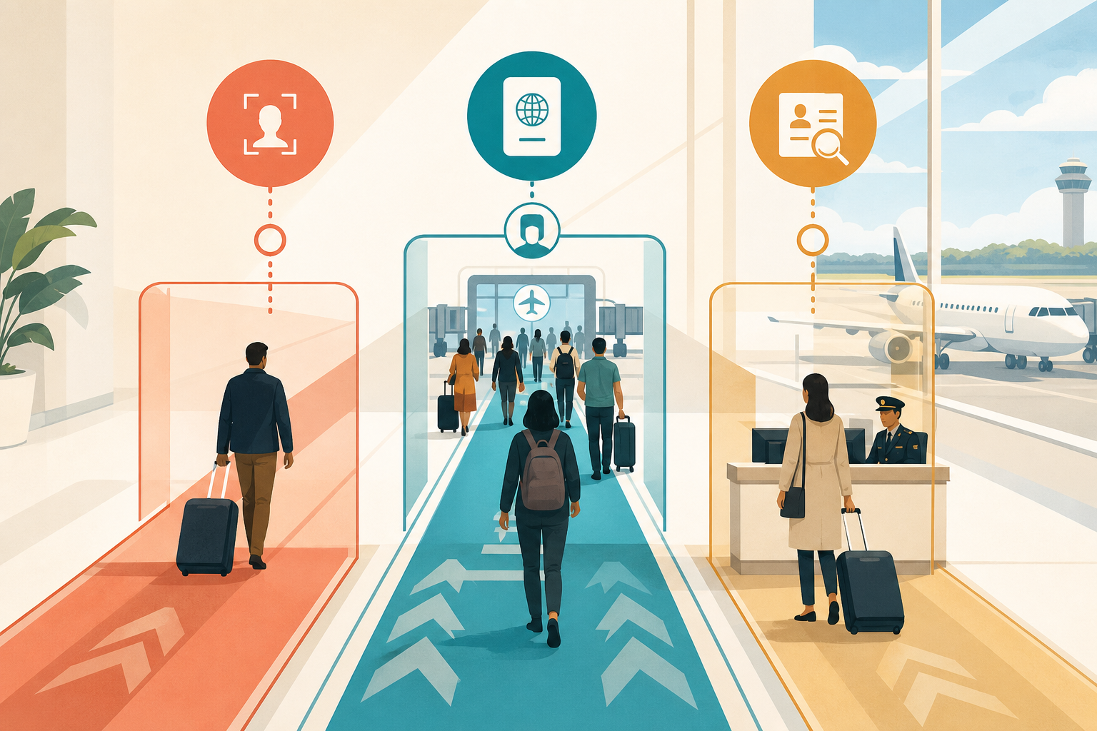 A flat editorial airport illustration shows travelers moving through three authorization lanes, with digital pre-clearance as the middle path.