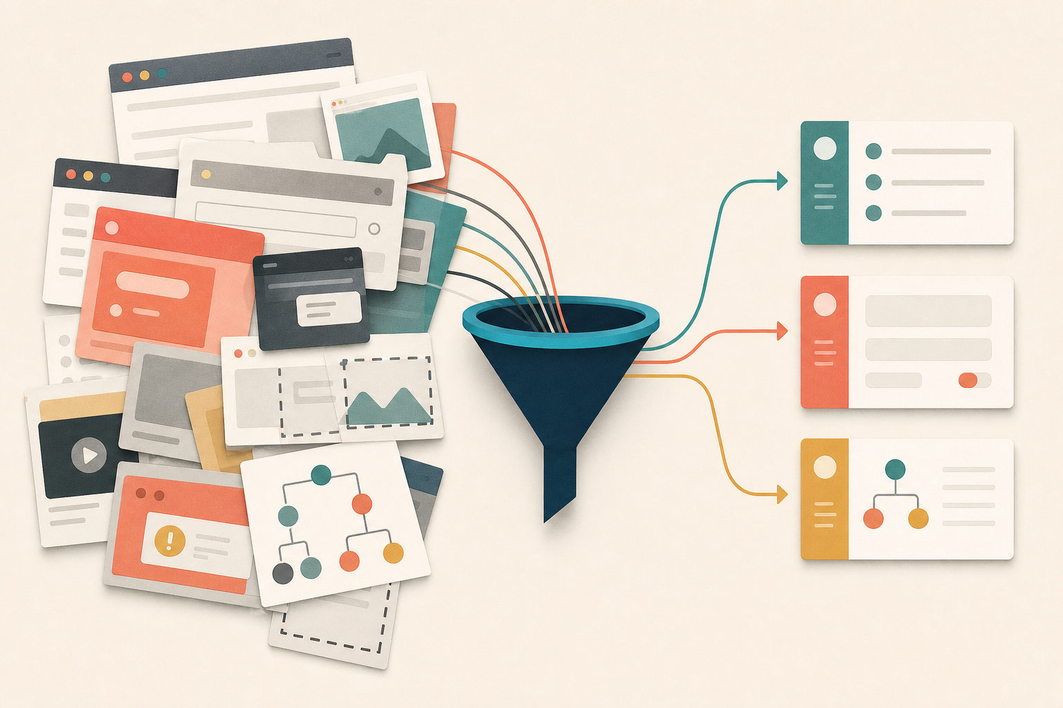 A messy stack of browser windows, forms, popups, and screenshots passes through a funnel and emerges as clean operational state cards.