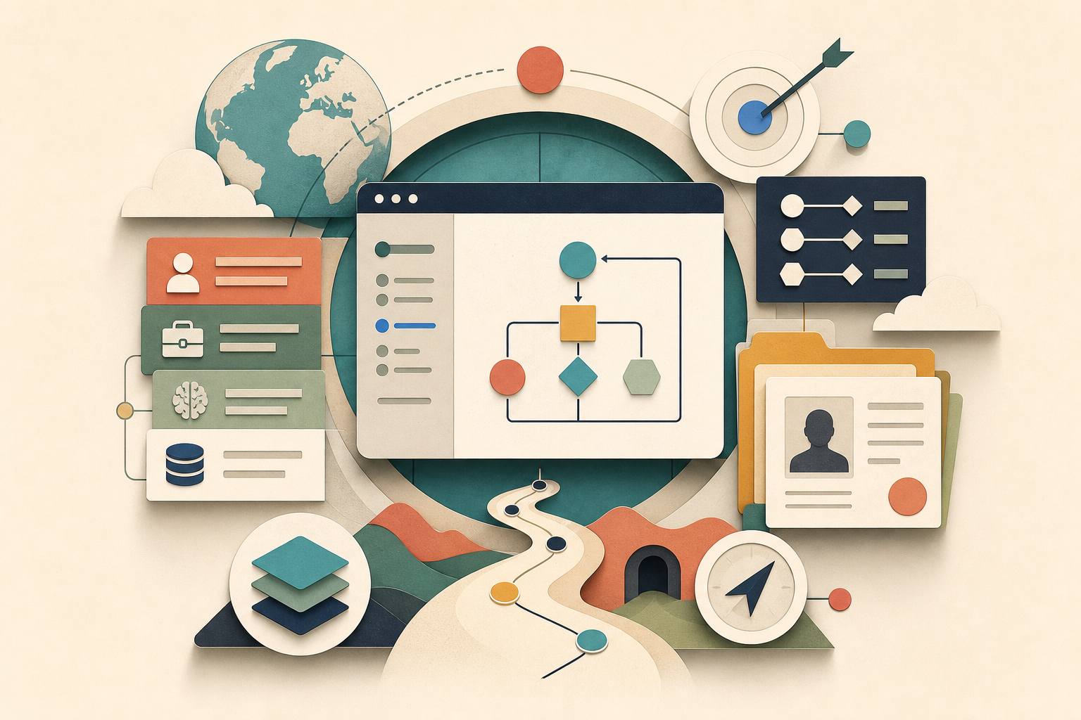 A flat editorial illustration of a browser, goals, tools, memory layers, case records, and recovery paths assembled into one agent harness.