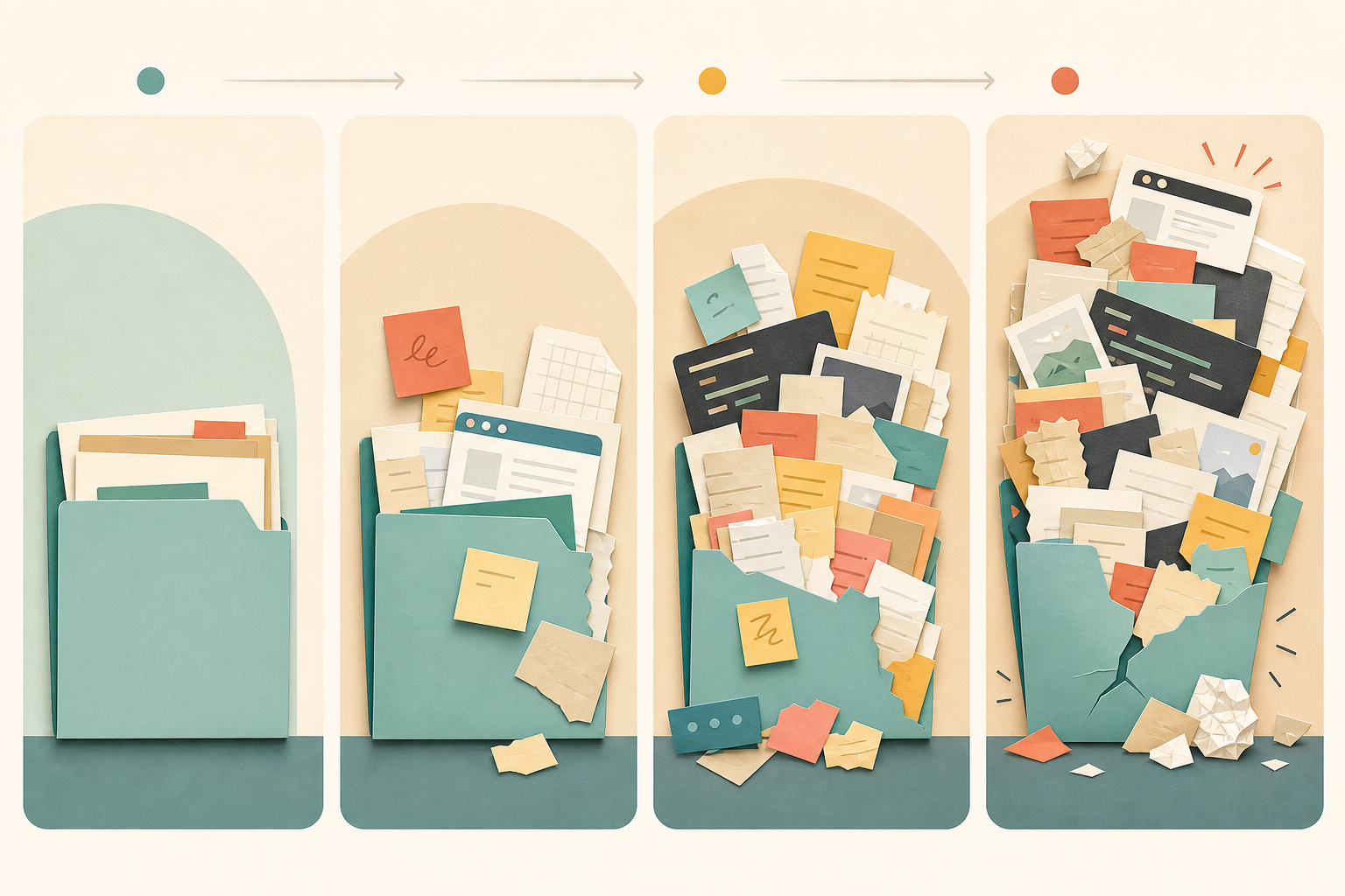 A four-panel illustration of a neat case folder gradually filling with notes, browser scraps, and loose fragments until it cracks under the load.