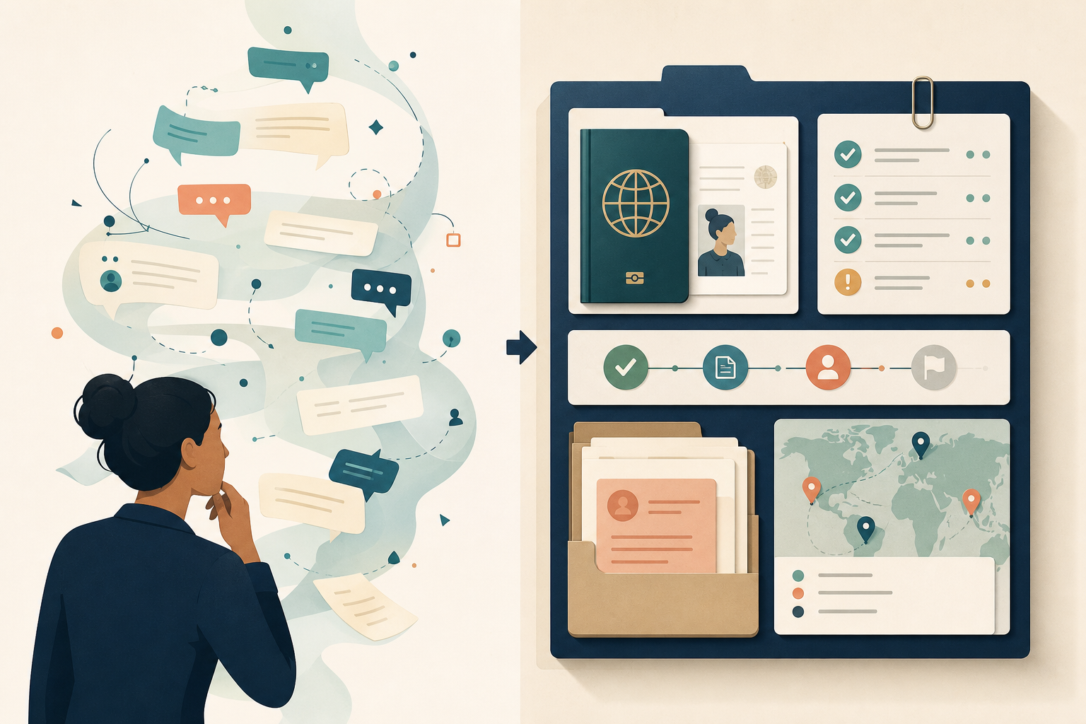 A person faces drifting conversation fragments on one side while a clean case board organizes passport, validation, timeline, and location state on the other.