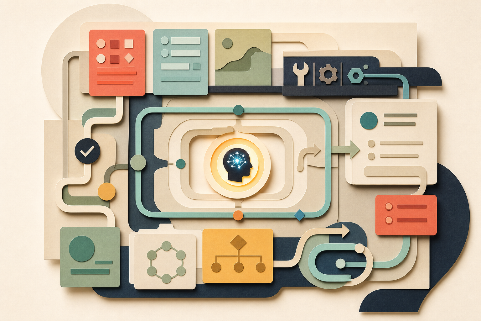 A flat editorial illustration of a small reasoning core surrounded by workflow paths, state cards, tool surfaces, and recovery loops.
