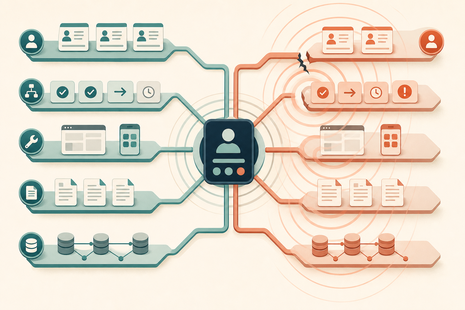 An infographic-style illustration of interconnected operational layers converging on one agent surface, with a single gap in the boundary spreading outward across identity, workflow, tools, and data.
