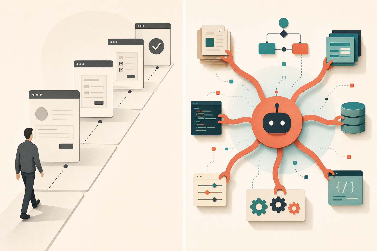A flat editorial illustration contrasting a human navigating one UI screen at a time on the left versus an agent simultaneously reaching into workflow state, documents, tools, and integrations across multiple systems on the right.