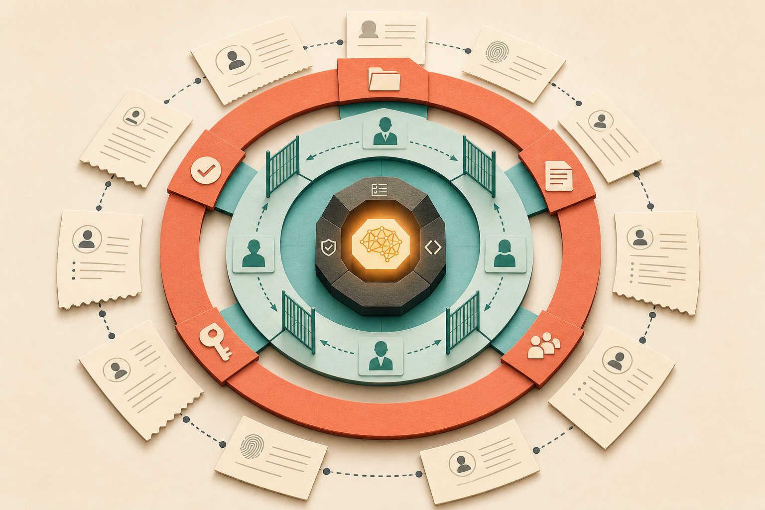 A flat editorial illustration of layered governance surfaces surrounding a small reasoning core, with identity cards, permission gates, workflow paths, and audit trails forming the real security boundary.