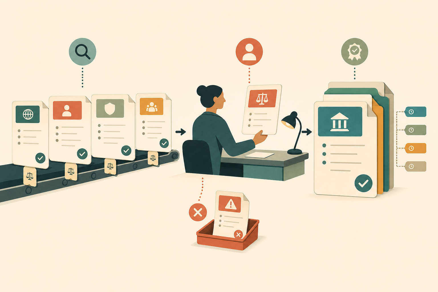 A flat editorial illustration of researched rule cards flowing past a human reviewer's desk into a versioned published stack, with one card rejected into a side tray.